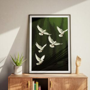 White Doves Wall Art – Peaceful Birds Digital Print on Green Background Digital Download