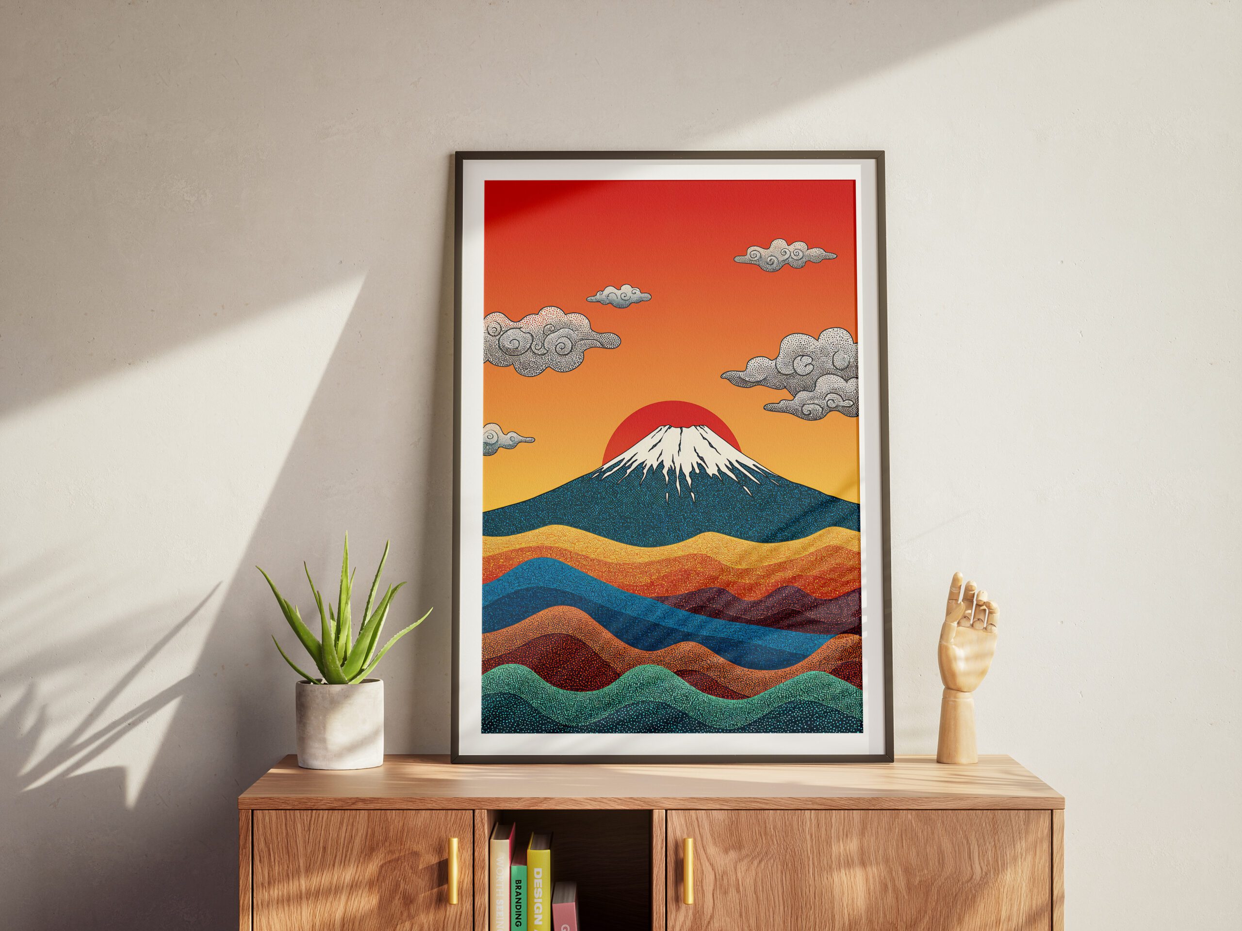 Mount Fuji Sunset Art Print, Japanese Landscape Wall Decor, Scenic Nature Illustration