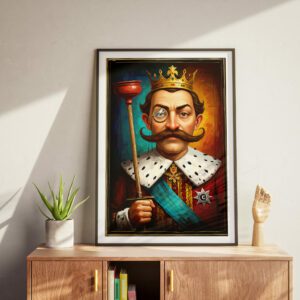 Funny King Wall Art With Plunger | Royal Portrait Bathroom Decor | Pop Culture Nobleman Print | Humorous Vintage Style