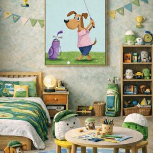 Whimsical Dog Golf Wall Art Print – Cute Animal Illustration for Nursery, Kids Room & Playroom Decor