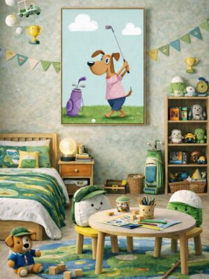 Whimsical Dog Golf Wall Art Print – Cute Animal Illustration for Nursery, Kids Room & Playroom Decor