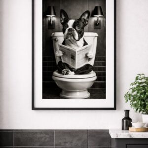 Funny Dog Bathroom Wall Art Print, Black and White Bulldog Toilet Illustration, Humorous Bathroom Decor Poster, Modern Monochrome Wall Art