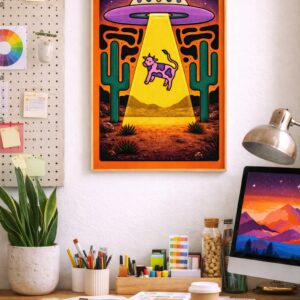 Alien Cow Abduction Wall Art Print – Surreal UFO Desert Illustration