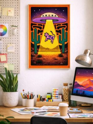 Alien Cow Abduction Wall Art Print – Surreal UFO Desert Illustration