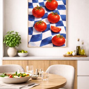 Tomato Wall Art Print – Modern Mediterranean Food Illustration with Blue Check Pattern