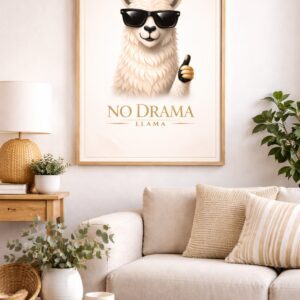 No Drama Llama Wall Art Print, Cool Llama Poster with Sunglasses, Funny Motivational Animal Decor