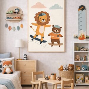 Skateboarding Lion & Bear Wall Art Print – Cute Animal Friends Illustration for Nursery, Kids Room & Playroom Decor