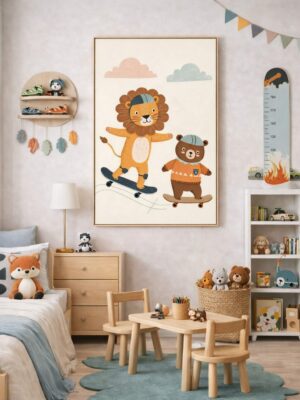 Skateboarding Lion & Bear Wall Art Print – Cute Animal Friends Illustration for Nursery, Kids Room & Playroom Decor