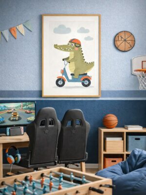 Whimsical Crocodile Scooter Wall Art Print – Cute Animal Illustration for Nursery, Kids Room & Playroom Decor