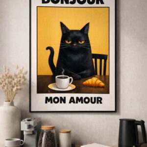 Bonjour Mon Amour Wall Art – French Café Cat Illustration Print