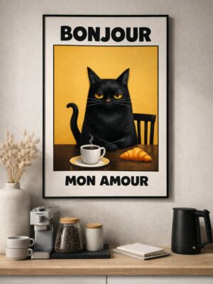 Bonjour Mon Amour Wall Art – French Café Cat Illustration Print