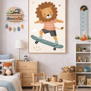 Skateboarding Lion Wall Art Print, Cute Animal Nursery Decor, Kids Room Playroom Illustration, Woodland Animal Art