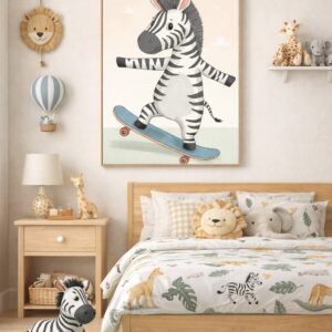 Skateboarding Zebra Wall Art Print – Cute Safari Animal Illustration for Kids Room, Nursery & Modern Home Decor