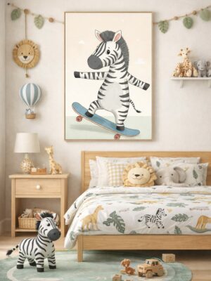 Skateboarding Zebra Wall Art Print – Cute Safari Animal Illustration for Kids Room, Nursery & Modern Home Decor