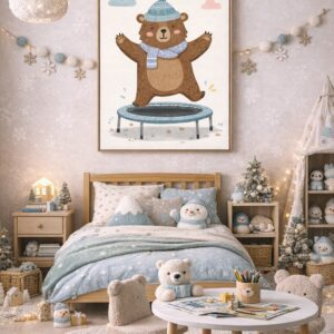 Whimsical Bear Wall Art Print – Cute Animal Illustration for Nursery, Kids Room & Playroom Decor