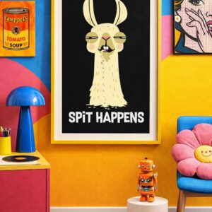 Funny Llama Wall Art Print “Spit Happens”, Sarcastic Animal Poster, Bold Black Humor Wall Decor