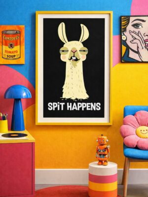Funny Llama Wall Art Print “Spit Happens”, Sarcastic Animal Poster, Bold Black Humor Wall Decor