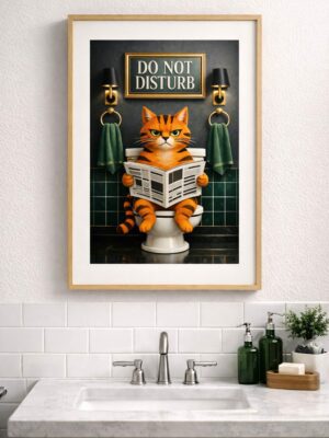 Funny Cat Bathroom Wall Art Print, Do Not Disturb Cat Illustration, Humorous Toilet Cat Poster, Modern Bathroom Decor