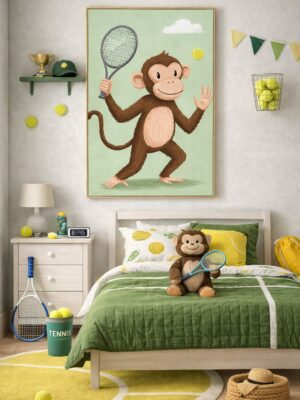 Tennis Monkey Wall Art Print – Cute Safari Animal Illustration for Kids Room, Nursery & Modern Home Decor