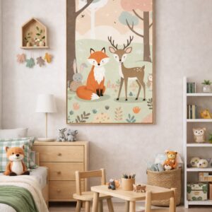 Whimsical Woodland Animals Wall Art Print – Cute Forest Illustration for Nursery, Kids Room & Playroom Decor