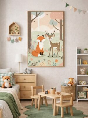 Whimsical Woodland Animals Wall Art Print – Cute Forest Illustration for Nursery, Kids Room & Playroom Decor