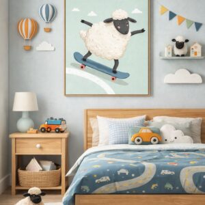 Skateboarding Sheep Wall Art Print – Cute Farm Animal Illustration for Kids Room, Nursery & Modern Home Decor