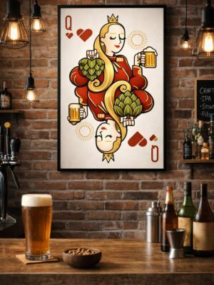 Queen of Cheers – Playing Card–Inspired Beer Illustration Wall Art