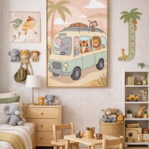 Safari Adventure Bus Wall Art Print – Cute Jungle Animals Illustration for Nursery, Kids Room & Playroom Decor