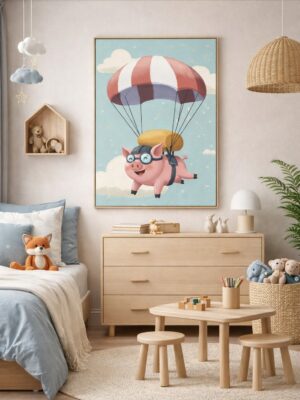 Whimsical Pig Parachute Wall Art Print – Cute Flying Animal Illustration for Nursery, Kids Room & Playroom Decor