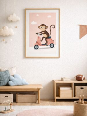 Whimsical Monkey Scooter Wall Art Print – Cute Animal Illustration for Nursery, Kids Room & Playroom Decor