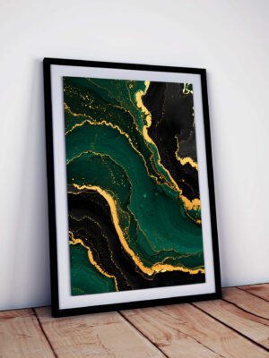 Emerald Gold Marble Art Print, Luxe Fluid Ink Texture Wall Decor, Elegant Green & Gold Abstract Design