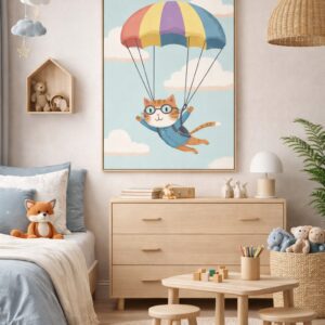 Whimsical Cat Parachute Wall Art Print – Cute Flying Animal Illustration for Nursery, Kids Room & Playroom Decor
