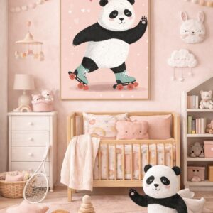Roller Skating Panda Wall Art Print – Cute Animal Illustration for Kids Room, Nursery & Modern Home Decor