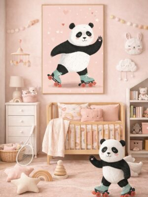 Roller Skating Panda Wall Art Print – Cute Animal Illustration for Kids Room, Nursery & Modern Home Decor