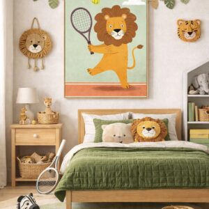 Tennis Lion Wall Art Print – Cute Safari Animal Illustration for Kids Room, Nursery & Modern Home Decor