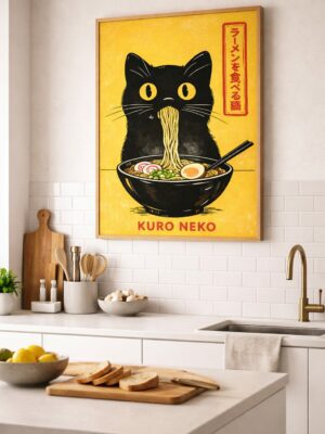 Japanese-Inspired Illustration Wall Art – Premium Gallery-Style Art Print Featuring Minimalist Cat and Ramen Design