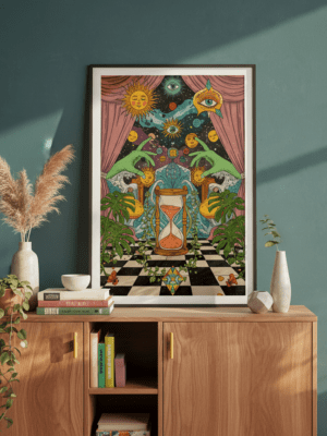 Psychedelic Hourglass Art Print, Cosmic Boho Wall Decor, Trippy Universe Illustration