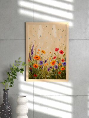 Rainy Wildflower Field Art Print, Cottagecore Botanical Wall Decor, Purple & Yellow Flower Meadow