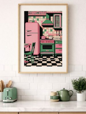 Retro Pink & Green Vintage Kitchen Wall Art Print, Mid-Century Modern Checkerboard Floor Illustration, Colorful Kitchen Decor Poster