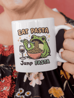 Eat Pasta Jump Fasta Mug – Funny Frog Pasta Coffee Cup