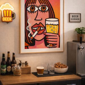 Bold Pop Art Woman Wall Art Print – Smoking Woman with Beer, Retro Feminine Illustration, Statement Bar & Living Room Decor