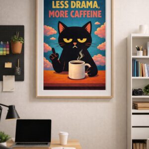 Funny Cat Coffee Wall Art Print – “Less Drama, More Caffeine” Poster, Retro Cat Illustration, Bold Kitchen & Office Decor