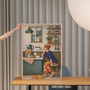 Cozy Morning Kitchen Wall Art Print – Woman at Breakfast Illustration, Warm Home Scene, Calm Everyday Life Decor