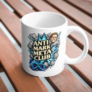 Anti Mark Meta Club Mug – Bold Social Media Satire Coffee Cup, Blue Explosive Graphic Ceramic Statement