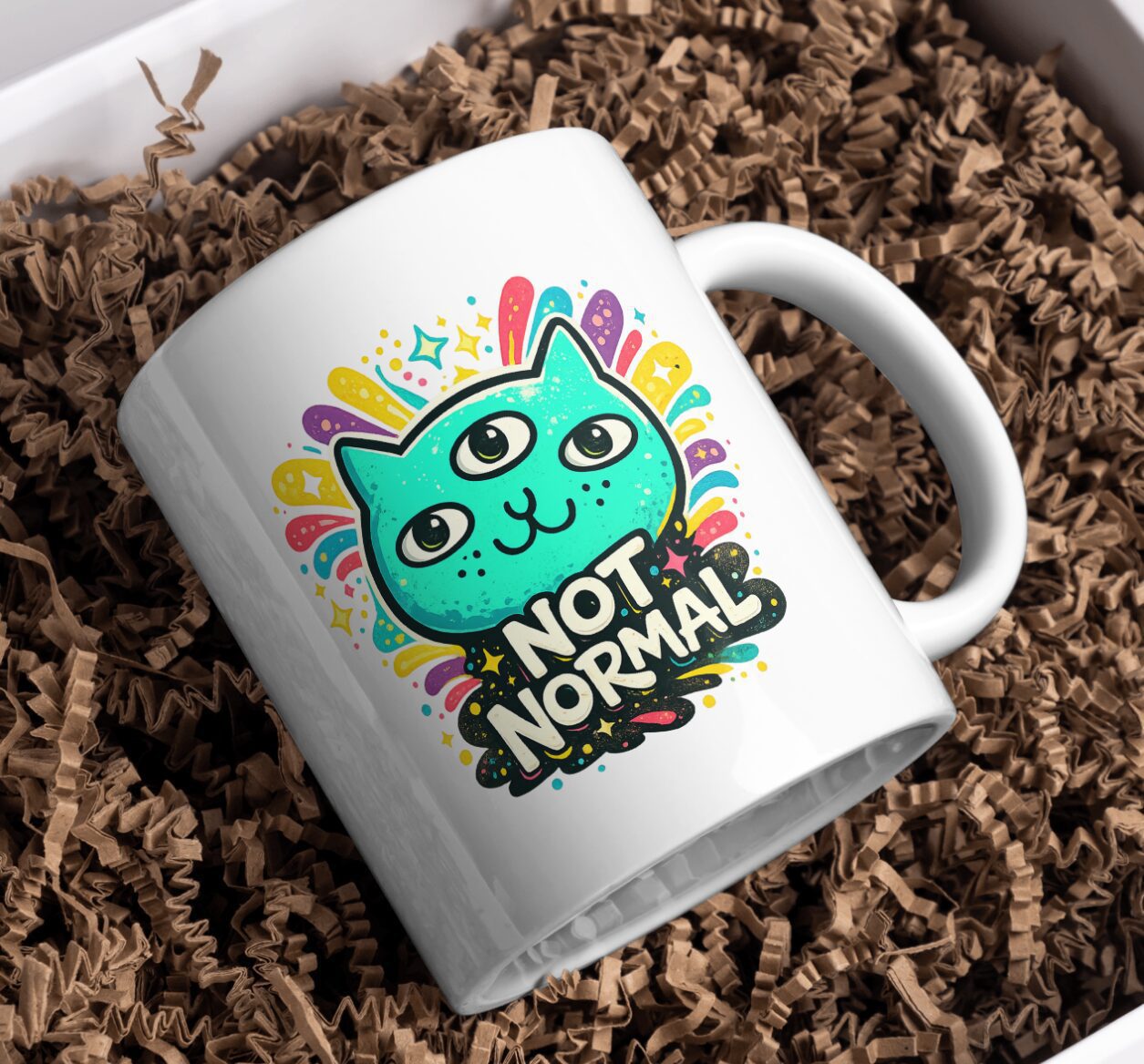 Not Normal Mug – Three-Eyed Psychedelic Cat Design