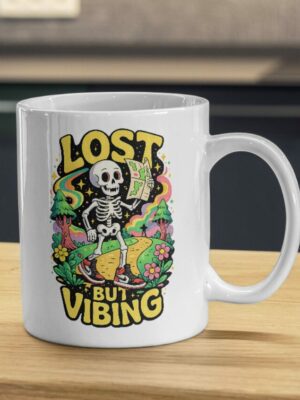 Lost But Vibing Mug – Skeleton Traveler Psychedelic Design