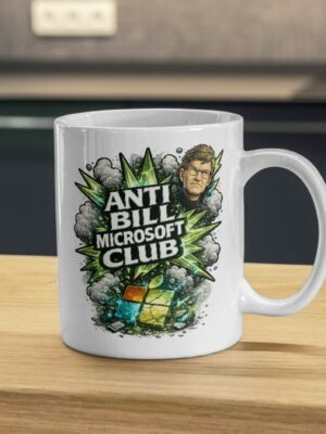 Anti Bill Microsoft Club Mug – Bold Tech Protest Coffee Cup, Green Explosive Graphic Ceramic
