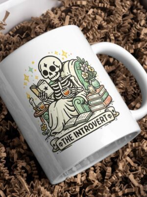 The Introvert Mug – Skeleton Reading Cozy Dark Academia Coffee Cup