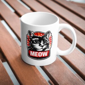MEOW Cat Mug – Bold Black & Red Graphic Coffee Mug for Cat Lovers