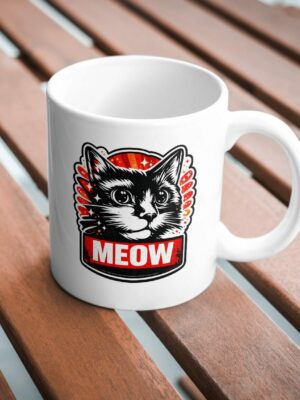 MEOW Cat Mug – Bold Black & Red Graphic Coffee Mug for Cat Lovers